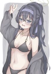 Rule 34 | 1girl, absurdres, arm up, bikini, bisumaru, black bikini, black hair, blue archive, blue hairband, breasts, collarbone, commentary request, glasses, grey background, grey jacket, hair between eyes, hairband, halo, highres, jacket, jewelry, long hair, looking at viewer, medium breasts, necklace, official alternate costume, open mouth, round eyewear, solo, stinky, swimsuit, two-tone background, ui (blue archive), ui (swimsuit) (blue archive), v, very long hair, white background, yellow halo