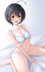Rule 34 | 1girl, :d, arm support, arm under breasts, bare arms, bare legs, barefoot, bed, bed sheet, black hair, blush, bra, breasts, cleavage, collarbone, cowlick, gradient background, hair between eyes, hand on own arm, highres, idolmaster, idolmaster cinderella girls, kohinata miho, lace, lace-trimmed bra, lace trim, looking at viewer, medium breasts, namidako, navel, on bed, open mouth, panties, short hair, sitting, smile, solo, underwear, underwear only, wariza, white bra, white panties, yellow eyes