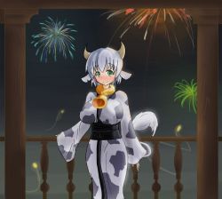 Rule 34 | 1girl, aerial fireworks, animal ears, animal print, bad link, bell, blush, breasts, collar, cow ears, cow girl, cow print, cow tail, cowbell, drawfag, fireworks, green eyes, holstaur (monster girl encyclopedia), horns, impossible clothes, japanese clothes, kimono, large breasts, monster girl, monster girl encyclopedia, neck bell, obi, railing, sash, short hair, silver hair, tail