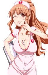 Rule 34 | 10s, 1girl, :p, ;p, akanbe, between breasts, breasts, brown eyes, brown hair, clearite, cleavage, eyelid pull, idolmaster, idolmaster cinderella girls, large breasts, long hair, moroboshi kirari, nurse, one eye closed, simple background, smile, solo, thermometer, tongue, tongue out, white background, wink