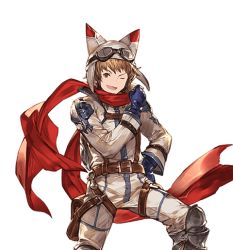 Rule 34 | 10s, 1boy, alpha transparency, animal hat, blue gloves, brown eyes, brown hair, gloves, goggles, goggles on headwear, gran (granblue fantasy), granblue fantasy, hand on own hip, hat, male focus, minaba hideo, official art, one eye closed, racing suit, red scarf, scarf, smile, solo, transparent background