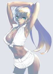 1girl armpits blonde_hair blue_eyes breasts female_focus highres midriff navel okojo original short_shorts shorts solo