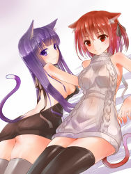 Rule 34 | 2girls, :&gt;, animal ears, arm support, backless dress, backless outfit, black legwear, blush, breasts, cat ears, cat girl, cat tail, closed mouth, dress, dutch angle, grey legwear, hair between eyes, halterneck, kakuno, large breasts, legs together, long hair, looking at viewer, looking back, lying, meme attire, multiple girls, naked sweater, on back, on stomach, original, purple eyes, purple hair, red eyes, red hair, ribbed sweater, short hair, sideboob, smile, sweater, sweater dress, tail, thighhighs, thighs, turtleneck, turtleneck sweater, virgin killer sweater