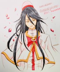 Rule 34 | 1girl, akira ferrari, andanden, aria (manga), black hair, bow, bowtie, breasts, brown eyes, capelet, cropped torso, dress, falling petals, gold trim, highres, himeya company uniform, long hair, looking at viewer, medium breasts, petals, red bow, red bowtie, red headwear, sidelocks, smile, solo, traditional media, undine (aria), upper body, white capelet, white dress, white headwear