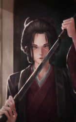 Rule 34 | 1girl, absurdres, black hair, bluecup, brown eyes, coat, commentary request, emma the gentle blade, forehead, highres, japanese clothes, katana, kimono, korean commentary, lips, looking at viewer, overcoat, scabbard, sekiro: shadows die twice, serious, sheath, short hair, solo, spoilers, sword, unsheathing, updo, weapon