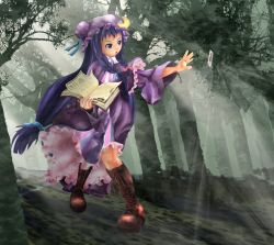 Rule 34 | 1girl, ayase yue, book, boots, bow, braid, cosplay, crescent, cross-laced footwear, female focus, forest, full body, hair bow, hat, lace-up boots, look-alike, mahou sensei negima!, nature, outdoors, pactio, patchouli knowledge, patchouli knowledge (cosplay), purple eyes, purple hair, serious, solo, touhou, twin braids