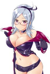 Rule 34 | 1girl, aimobake, bad id, bad twitter id, bare shoulders, black coat, black gloves, black shorts, bracelet, breasts, center opening, choker, cleavage, closed mouth, clothes pull, coat, collarbone, cowboy shot, eas (fresh precure!), expressionless, fur trim, glasses, gloves, hairband, highres, jewelry, large breasts, latex, long hair, long sleeves, looking at viewer, looking over eyewear, micro shorts, midriff, navel, off shoulder, parted bangs, precure, purple-framed eyewear, purple eyes, revealing clothes, semi-rimless eyewear, shorts, sidelocks, silver hair, simple background, solo, standing, thighs, under-rim eyewear, white background