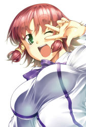 Rule 34 | 1girl, ;d, blush, bow, bowtie, breasts, green eyes, hair tubes, jon shicchiou, looking at viewer, looking down, one eye closed, open mouth, quiz magic academy, red hair, ruquia, school uniform, shirt, short hair, simple background, smile, solo, taut clothes, taut shirt, v over eye, white background