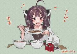 Rule 34 | 1girl, :d, ahoge, blush, bowl, brown eyes, brown hair, chopsticks, commentary request, dated, food, food request, green background, hands up, headgear, holding, holding chopsticks, holding plate, japanese clothes, kimono, lamb (hitsujiniku), long sleeves, looking at viewer, open mouth, plate, rice, simple background, sitting, smile, solo, table, teeth, touhoku kiritan, translation request, twintails, upper body, upper teeth only, voiceroid, white kimono, wide sleeves