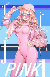 Rule 34 | 1girl, :d, absurdres, baseball cap, blue eyes, bodystocking, breasts, collarbone, commentary request, covered navel, cropped jacket, hand on headwear, hand on own hip, hand up, hat, heart, heart-shaped eyewear, highres, jacket, kongbai, long hair, long sleeves, looking at viewer, looking over eyewear, looking over glasses, medium breasts, open clothes, open jacket, open mouth, original, pink-tinted eyewear, pink-tinted glasses, pink hair, pink jacket, pink theme, smile, solo, standing, sunglasses, tinted eyewear, white hat, zipper pull tab