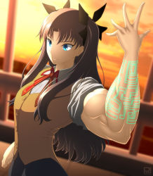 Rule 34 | 1girl, biceps, black hair, blue eyes, fate/stay night, fate (series), flexing, highres, homurahara academy school uniform, long hair, markings, muscular, muscular female, ren (tainca2000), ribbon, school uniform, sleeves rolled up, solo, sunset, tohsaka rin, twintails, two side up, vest