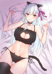Rule 34 | 1girl, animal ears, bare shoulders, bell, black bra, black panties, black thighhighs, blush, bra, breasts, cat cutout, cat ear panties, cat ears, cat lingerie, cat tail, choker, cleavage, cleavage cutout, clothing cutout, collarbone, earrings, fate/grand order, fate (series), frilled bra, frills, hair between eyes, hair ribbon, highres, jewelry, kama (fate), large breasts, long hair, looking at viewer, lying, meme attire, navel, neck bell, on back, on bed, open mouth, panties, parted lips, pillow, pink ribbon, red eyes, ribbon, side-tie panties, silver hair, solo, tail, thighhighs, thighs, underwear, yamamura umi