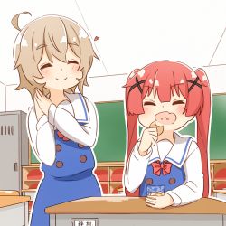 Rule 34 | 2girls, ahoge, blush, bow, chair, classroom, commentary request, cookie, desk, dress, eating, closed eyes, fang, food, hair ornament, heart, highres, holding, holding food, indoors, konomori kanon, light brown hair, manse, multiple girls, own hands together, red bow, red hair, sailor collar, sailor dress, school chair, school desk, school uniform, sitting, skin fang, standing, tanemura koyori, twintails, watashi ni tenshi ga maiorita!, white sailor collar, x hair ornament