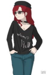 Rule 34 | 1girl, 2018, adapted costume, artist name, black choker, black headwear, black shirt, blue pants, breasts, choker, cleavage, closed mouth, clothes writing, collarbone, dated, earrings, hands in pockets, heart, hecatia lapislazuli, highres, jewelry, kani onigiri (shottare), legs together, long hair, long sleeves, no pupils, pants, pocket, red eyes, red hair, shirt, simple background, smile, solo, sunglasses, touhou, v-neck, white background