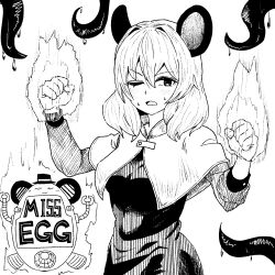 Rule 34 | 1girl, animal ears, blush, capelet, commentary request, cookie (touhou), cowboy shot, dress, egg, fire, greyscale, hair between eyes, highres, long sleeves, magic, medium hair, monochrome, mouse ears, nazrin, nyon (cookie), one eye closed, open mouth, psychic parrot, simple background, solo, tentacles, touhou