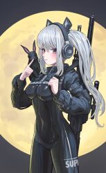 Rule 34 | 1girl, 1other, absurdres, alice (nikke), alternate color, animal, animal ear headphones, animal ears, black bodysuit, black headphones, black jacket, black rabbit (animal), blush, bodysuit, breasts, clothes writing, covered navel, cowboy shot, cropped jacket, fake animal ears, full moon, goddess of victory: nikke, grey hair, gun, headphones, highres, holding strap, impossible bodysuit, impossible clothes, jacket, long hair, looking at viewer, medium breasts, mj154123, moon, nose, pink eyes, puffy sleeves, rabbit, rifle, sidelocks, skin tight, sniper rifle, strap, twintails, weapon, weapon on back