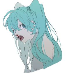Rule 34 | 1girl, ahoge, aqua eyes, aqua hair, bare shoulders, blood, blood in mouth, blood on face, crypton future media, eiku, fangs, grey shirt, hair between eyes, hatsune miku, long hair, looking at viewer, nosebleed, open mouth, piapro, shirt, simple background, sleeveless, sleeveless shirt, solo, tongue, tongue out, twintails, upper body, vocaloid, white background