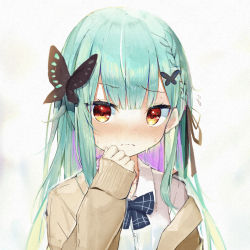 Rule 34 | 1girl, absurdres, black ribbon, blue bow, blunt bangs, blush, bow, bowtie, braid, butterfly hair ornament, cardigan, closed mouth, collared shirt, cropped torso, flying sweatdrops, green hair, hair ornament, hair ribbon, hand up, highres, hololive, long hair, looking at viewer, multicolored hair, open cardigan, open clothes, painting (medium), purple hair, red eyes, ribbon, rinki oohen, school uniform, shirt, sleeves past wrists, solo, streaked hair, sweat, traditional media, upper body, uruha rushia, uruha rushia (school uniform), virtual youtuber, watercolor (medium), wavy mouth, white shirt