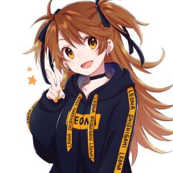 Rule 34 | 1girl, arm at side, black hoodie, brown hair, clothes writing, dot nose, ear piercing, fang, hand up, hood, hood down, hoodie, kome (okomesankun), long hair, long sleeves, looking at viewer, open mouth, orange eyes, orange nails, piercing, re:act, shishigami leona, simple background, smile, solo, two side up, upper body, v, virtual youtuber, white background