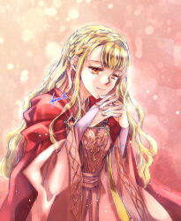 Rule 34 | 1girl, blonde hair, braid, cape, dress, eglantine (honzuki no gekokujou), honzuki no gekokujou, jewelry, long hair, orange eyes, own hands together, red background, red cape, red dress, ring, sekura, solo, very long hair, wide sleeves