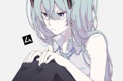 Rule 34 | 1girl, :t, bare arms, bare shoulders, black thighhighs, blue eyes, blue hair, close-up, closed mouth, collared shirt, eiku, fingernails, frown, grey background, grey shirt, hair between eyes, half-closed eyes, hands on own knees, hatsune miku, jitome, legs together, long hair, looking afar, pale skin, pout, serious, shaded face, shirt, simple background, sitting, sleeveless, sleeveless shirt, solo, thighhighs, translation request, upper body, v-shaped eyebrows, very long hair, vocaloid