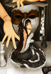Rule 34 | 1girl, absurdres, bad id, bad pixiv id, bare back, bare shoulders, blush, brown eyes, brown hair, chess piece, doll joints, dress, feet, frills, hairband, hatsune miku, highres, joints, llc, long hair, looking back, mask, mini person, minigirl, pantyhose, puppet, solo, tears, toes, twintails, venetian mask, very long hair, vocaloid