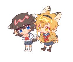 2girls animal_ears black_hair black_headband black_skirt blonde_hair blue_eyes blue_sailor_collar blush brown_cardigan cardigan cat_ears cat_girl cat_tail chibi chibi_only dog_ears dog_girl dog_tail headband jiguang_haibao koishikawa_iko long_hair long_sleeves momijiyama_teru multiple_girls neckerchief pleated_skirt red_neckerchief sailor_collar scar scar_across_eyebrow school_uniform serafuku short_hair shy_(series) simple_background skirt tail teardrop tearing_up white_background white_serafuku yellow_eyes