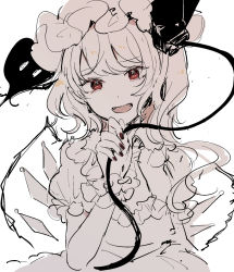 Rule 34 | 1girl, ascot, black nails, black ribbon, collar, collared dress, commentary, crystal, dress, flandre scarlet, hair between eyes, hand up, hat, hat ribbon, highres, jewelry, looking at viewer, mob cap, mozukuzu (manukedori), nail polish, one side up, open mouth, polearm, puffy short sleeves, puffy sleeves, red eyes, ribbon, shirt, short hair, short sleeves, simple background, sketch, smile, solo, spear, symbol-only commentary, touhou, weapon, white ascot, white background, white dress, white hair, white hat, white shirt, white sleeves, wings