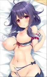 Rule 34 | 1girl, ahoge, breasts, censored, groin, kantai collection, large breasts, long hair, looking at viewer, mikagami mamizu, mosaic censoring, nipples, on bed, open mouth, purple hair, red eyes, ribbon, solo, swimsuit, taigei (kancolle), upper body