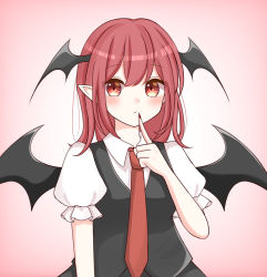Rule 34 | 1girl, bat wings, black skirt, black vest, blush, breasts, closed mouth, collared shirt, commentary, diamond-shaped pupils, diamond (shape), finger to mouth, gradient background, head wings, highres, koakuma, long hair, looking at viewer, medium breasts, necktie, pink background, piyoru nico, pointy ears, puffy short sleeves, puffy sleeves, red eyes, red hair, red necktie, shirt, short sleeves, simple background, skirt, solo, symbol-shaped pupils, touhou, vest, white shirt, wings