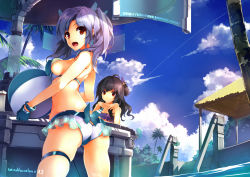 Rule 34 | 2girls, ahoge, ass, ball, beachball, bikini, black hair, blush, breasts, cloud, collaboration, day, gloves, highres, large breasts, long hair, looking at viewer, looking back, mkiiiiii, multiple girls, open mouth, original, outdoors, palm tree, pool, purple hair, red eyes, sideboob, skindentation, sky, smile, swimsuit, thigh strap, tree, twintails, water, windforcelan
