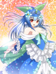 Rule 34 | 1girl, blue dress, blue hair, bow, breasts, cleavage, creatures (company), dress, earrings, flower, frills, game freak, gem, gen 2 pokemon, glowing, glowing hand, gown, hair bow, hair flower, hair ornament, jewelry, jumpluff, long hair, looking at viewer, nail polish, nintendo, open mouth, outstretched arm, personification, pink nails, pokemon, ponytail, red eyes, shiratsuki (royal moon), solo