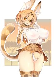 Rule 34 | 10s, 1girl, :3, animal ear fluff, animal ears, animal print, bad id, bad tumblr id, bad twitter id, bare shoulders, blonde hair, breasts, brown eyes, cat ears, cat tail, covered erect nipples, fang, highres, huge breasts, kemono friends, looking at viewer, print legwear, see-through, serval (kemono friends), serval print, serval tail, short hair, slugbox, solo, sweat, tail, thick thighs, thighs, wide hips