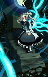 Rule 34 | 1girl, apron, bloody marie (skullgirls), brooch, dress, energy, frilled dress, frills, full body, grey hair, hair ornament, highres, jewelry, kuroirozuki, looking at viewer, looking back, maid headdress, mary janes, moon, red eyes, shoes, skull hair ornament, skull heart, skullgirls, solo, stairs, twintails, walking