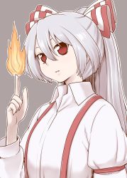 Rule 34 | 1girl, bow, commentary request, fire, fire, fujiwara no mokou, grey background, hair between eyes, hair bow, hand up, index finger raised, juliet sleeves, long hair, long sleeves, looking at viewer, outline, parted lips, ponytail, poronegi, puffy sleeves, red eyes, shirt, silver hair, simple background, solo, suspenders, touhou, upper body, white bow, white outline, white shirt, wing collar