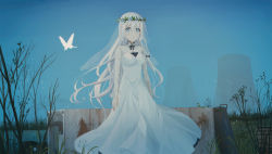 Rule 34 | 1girl, bad id, bad pixiv id, blue eyes, blue sky, braid, breasts, bridal veil, bug, butterfly, chihuri, commentary, crying, crying with eyes open, day, dress, english commentary, feet out of frame, frilled dress, frills, grass, hair ribbon, highres, insect, long dress, long hair, long sleeves, medium breasts, nuclear powerplant, original, outdoors, ribbon, sky, solo, standing, tears, veil, wedding dress, white dress, white hair, wreath