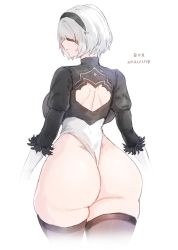 Rule 34 | 1girl, 2021, artist request, ass, ass focus, back cutout, black blindfold, blindfold, boots, clothing cutout, curvy, dated, elbow gloves, gloves, hairband, highres, huge ass, juliet sleeves, leotard, lips, long sleeves, looking back, nier (series), nier:automata, puffy sleeves, shiny skin, simple background, skin tight, solo, thick thighs, thigh boots, thighhighs, thighhighs under boots, thighs, thong leotard, white background, wide hips, xiangzi box, 2b (nier:automata)