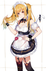 Rule 34 | 1girl, alternate costume, apron, bare shoulders, black bow, black ribbon, black skirt, black thighhighs, blonde hair, blue hair, blush, bow, breasts, cat tail, cleavage, closed mouth, collar, collarbone, detached collar, enmaided, frilled apron, frills, garter straps, gradient hair, hand in own hair, hand on own hip, head tilt, heart, highres, isshiki (ffmania7), kemonomimi mode, long hair, looking at viewer, maid, maid headdress, medium breasts, multicolored hair, nijisanji, off-shoulder shirt, off shoulder, pleated skirt, puffy short sleeves, puffy sleeves, red eyes, ribbon, shirt, short sleeves, signature, skirt, solo, suspender skirt, suspenders, tail, tail ornament, tail raised, tail ribbon, takamiya rion, thighhighs, twintails, twitter username, very long hair, virtual youtuber, waist apron, white apron, white background, white collar, white shirt, wing collar, wristband