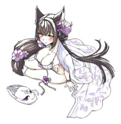 Rule 34 | 1girl, animal ears, arm support, arm under breasts, bead bracelet, beads, bikini, blue archive, blush, bracelet, breasts, brown hair, cape, cleavage, closed mouth, flower, fox ears, fox mask, hair flower, hair ornament, highres, jewelry, kuroneko (kuroneko3zizi), large breasts, long hair, looking at viewer, mask, unworn mask, simple background, sitting, smile, solo, swimsuit, thigh strap, very long hair, wakamo (blue archive), wakamo (swimsuit) (blue archive), white background, white bikini, yellow eyes, yokozuwari