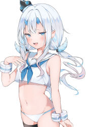 Rule 34 | 1girl, :d, absurdres, auui, bare shoulders, bikini, black thighhighs, blue eyes, blue neckwear, blush, breasts, commentary request, crown, fang, groin, hand up, highres, horns, long hair, looking at viewer, low twintails, mini crown, navel, oni, oni horns, open mouth, original, pointy ears, sailor collar, shirt, silver hair, simple background, single thighhigh, sleeveless, sleeveless shirt, small breasts, smile, solo, swimsuit, thighhighs, tilted headwear, twintails, very long hair, white background, white bikini, white sailor collar, white shirt