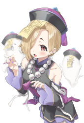 Rule 34 | 1girl, absurdres, applepie (12711019), bare shoulders, bead necklace, beads, black dress, blonde hair, blush, breasts, chinese clothes, collarbone, detached sleeves, dot nose, dress, earrings, fang, ghost, hair over one eye, hands up, hat, highres, idolmaster, idolmaster cinderella girls, idolmaster cinderella girls starlight stage, jewelry, jiangshi, jiangshi costume, long sleeves, looking at viewer, necklace, ofuda, open mouth, outstretched arms, purple hat, purple nails, purple sash, qingdai guanmao, red eyes, sash, shirasaka koume, short hair, skin fang, small breasts, smile, solo, tangzhuang, white background, zombie pose