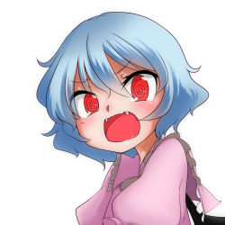 Rule 34 | 1girl, @ @, blue hair, blush, fangs, highres, kameyan, no headwear, open mouth, red eyes, remilia scarlet, short hair, simple background, solo, touhou, upper body, white background, wings