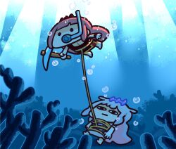 Rule 34 | 2girls, absurdres, bubble, character request, chibi, coral, coral reef, expressionless, highres, hololive, hololive english, keenbiscuit, koseki bijou, mori calliope, multiple girls, pickaxe, pink hair, rope, serious, snorkel, sunlight, swimming, underwater, underwear, virtual youtuber, white hair