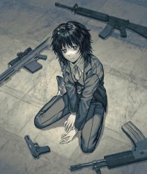 Rule 34 | 1girl, anti-materiel rifle, arm support, assault rifle, barrett m82, collared shirt, daewoo k2, formal, freckles, from above, frown, full body, gun, handgun, hands on floor, hatohara mirai, highres, jacket, long sleeves, looking at viewer, looking up, m16, m16a4, monochrome, necktie, nishi2023, on floor, pants, rifle, shirt, shoe soles, shoes, short hair, sitting, sniper rifle, solo, suit, vest, wariza, weapon, world trigger