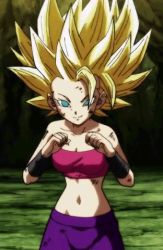 Rule 34 | 10s, 1girl, animated, animated gif, aqua eyes, armband, bare shoulders, belly, blonde hair, bouncing breasts, breasts, bruise, caulifla, cleavage, dragon ball, dragon ball super, excited, eyebrows, eyelashes, female focus, forehead, green eyes, hair up, injury, jumping, looking at viewer, lowres, medium breasts, navel, pants, saiyan, smile, solo, spiked hair, stomach, strapless, super saiyan, super saiyan 2, tube top, wristband