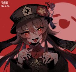Rule 34 | 1girl, artist logo, artist name, bead bracelet, beads, black hat, black nails, blush, boo tao (genshin impact), bracelet, brown coat, brown hair, coat, dated, fang, flower, flower-shaped pupils, genshin impact, ghost, hair between eyes, hands up, hat, hat flower, head tilt, highres, hu tao (genshin impact), jewelry, long hair, looking at viewer, multiple rings, open mouth, red background, red shirt, ring, shironism, shirt, simple background, skin fang, smile, solo, straight-on, symbol-shaped pupils, tongue, tongue out