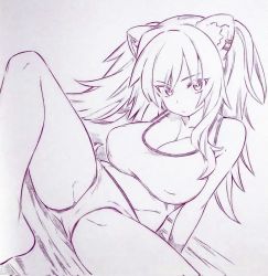 Rule 34 | 1girl, animal ear fluff, animal ears, breasts, commentary request, corrupted twitter file, highres, hololive, large breasts, lion ears, lion girl, long hair, looking at viewer, monochrome, shishiro botan, sitting, solo, spread legs, thighs, traditional media, tsukareta san, virtual youtuber