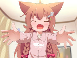 Rule 34 | 1girl, :d, ^ ^, ahoge, animal ears, blurry, blurry background, blush, bow, braid, brown hair, closed eyes, clothes writing, collared shirt, commentary request, depth of field, facing viewer, fangs, foreshortening, hair bow, hair ornament, hairclip, highres, indoors, long hair, long sleeves, makuran, momiji (makuran), mouse hair ornament, open mouth, original, pink bow, pink shirt, romaji text, shirt, short eyebrows, smile, solo, thick eyebrows, twin braids, upper body, white shirt
