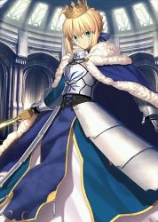 Rule 34 | 1girl, ahoge, armor, armored dress, artoria pendragon (fate), blonde hair, blue ribbon, crossover, fate/grand order, fate (series), gauntlets, green eyes, hair ribbon, holding, holding sword, holding weapon, looking at viewer, official art, resized, ribbon, saber (fate), solo, sword, takeuchi takashi, upscaled, waifu2x, weapon
