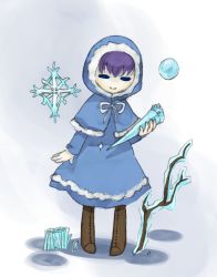 Rule 34 | 1girl, = =, boots, capelet, frozen, full body, fur trim, holding, hood, icicle, itetsuki, snowflakes, solo, tsukushi (toxicdoll), yume 2kki